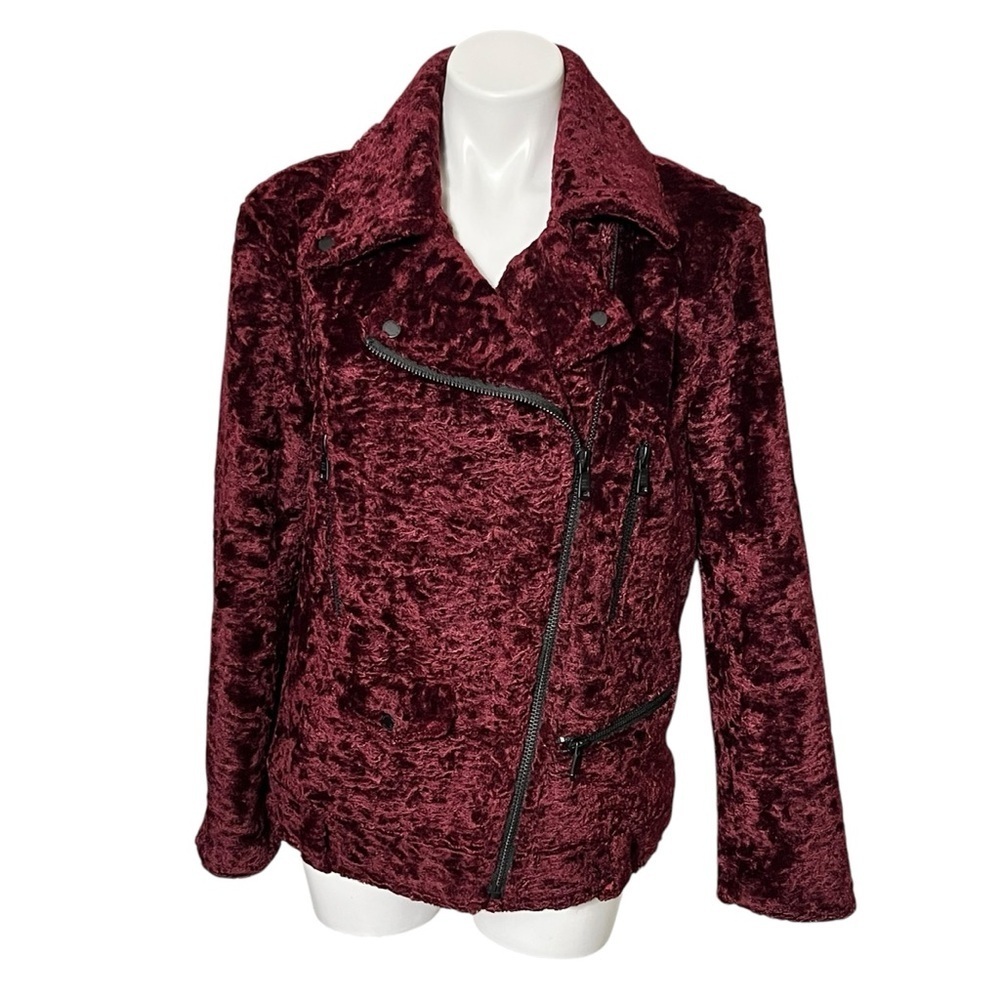 Avec Les Filles Faux Fur Sherpa Biker Jacket Size Small Burgundy